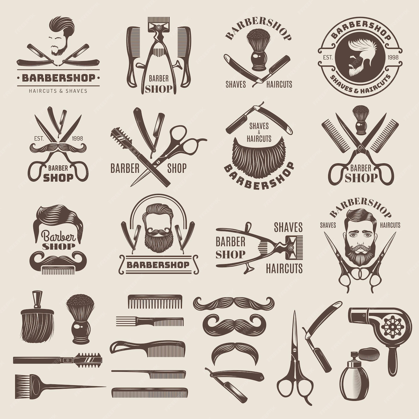 Insignes De Salon De Coiffure. Ciseaux Peignes Brosse Lame Sèche ...