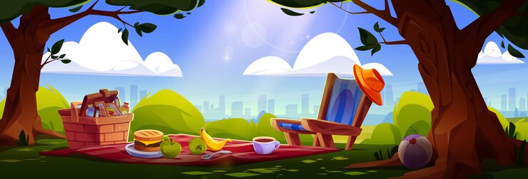 Vecteur gratuit installation de pique-nique dans le parc de la ville sur l'horizon des bâtiments à plusieurs étages collations dans un panier en osier hamburger et fruits sur une couverture et une chaise longue avec chapeau détente avec de la nourriture dans le vecteur de dessin animé du parc de la ville