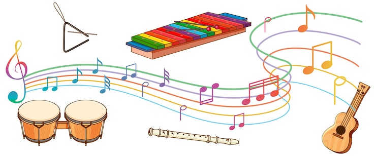 Vecteur gratuit instrument de musique avec des notes de musique sur fond blanc