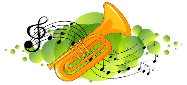 Instrument de musique trompette avec symboles de mélodie sur tache verte