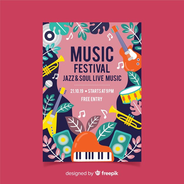 Instruments et feuilles affiche du festival de musique