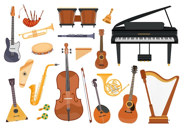 Instruments de musique classique de dessin animé, piano, trombone et harpe. équipement d'orchestre folklorique, tambourin, tuyaux, ukulélé et jeu de vecteurs de guitare