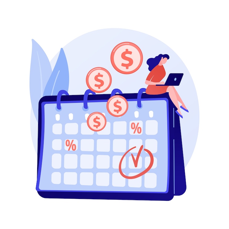 Vecteur gratuit intérêts sur dépôt, investissement rentable, revenu fixe. paiements réguliers, encaissements récurrents. bénéficiaire d'argent avec personnage de dessin animé de calendrier