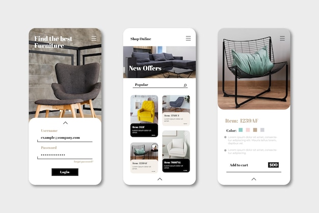 Vecteur gratuit interface de l'application d'achat de meubles