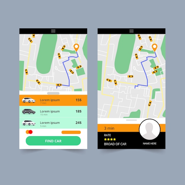 Vecteur gratuit interface de l'application de taxi