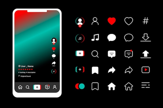 Vecteur gratuit interface de l'application tiktok avec collection d'icônes