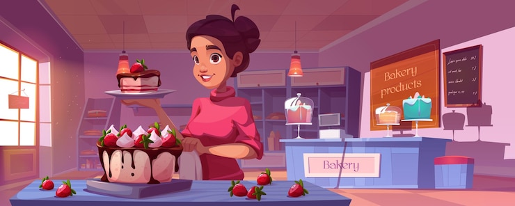 Vecteur gratuit intérieur d’une boulangerie avec une femme boulangère