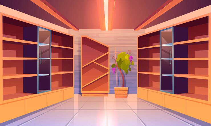 Vecteur gratuit intérieur de la boutique de vin avec des étagères en bois vides.