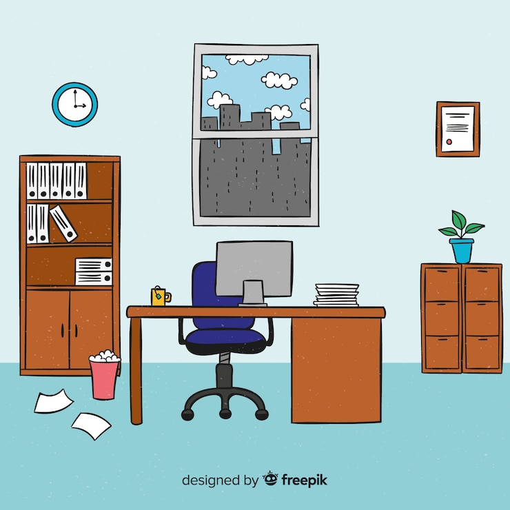 Vecteur gratuit intérieur de bureau moderne dessiné à la main