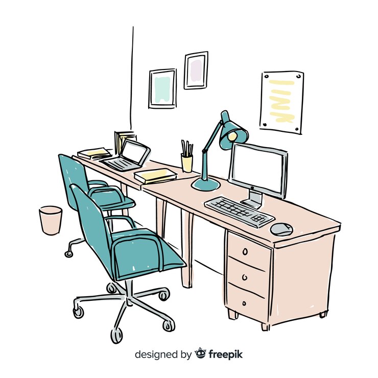 Vecteur gratuit intérieur de bureau moderne dessiné à la main