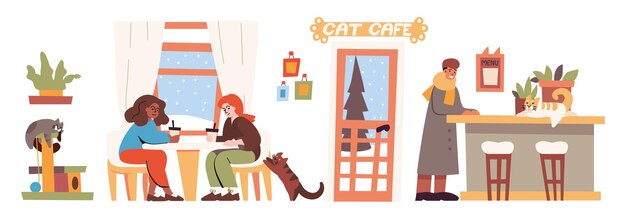Intérieur de café chat avec des personnes et des animaux domestiques. Plate illustration vectorielle de café avec des chatons sur le comptoir et la tour d'escalade de chat, femmes assises à table, homme, plantes et fond d'hiver derrière les fenêtres