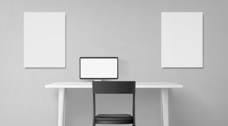 Vecteur gratuit intérieur de la chambre avec bureau, siège et ordinateur sur table