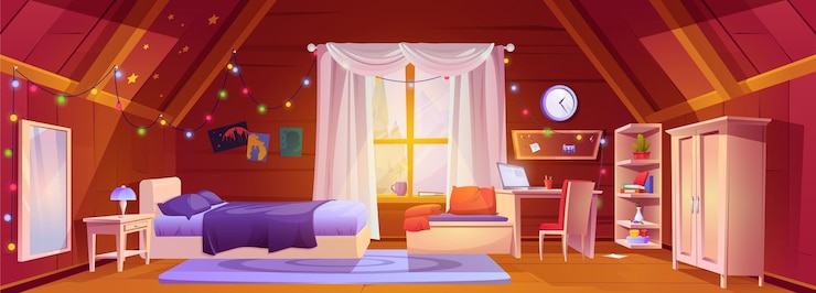 Vecteur gratuit intérieur de chambre de fille mansardée avec dessin animé de bureau