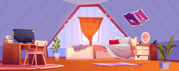 Intérieur de chambre de fille sur la pièce mansardée d'adolescent de grenier
