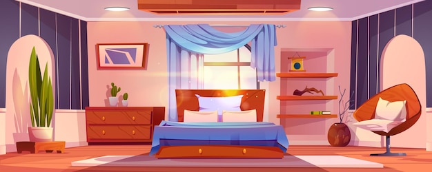 Vecteur gratuit intérieur de chambre d'hôtel avec meubles illustration vectorielle de dessin animé de pièce lumineuse avec fauteuil lit double cactus sur tiroir image abstraite sur mur rideaux bleus sur grand livre de fenêtre sur étagère