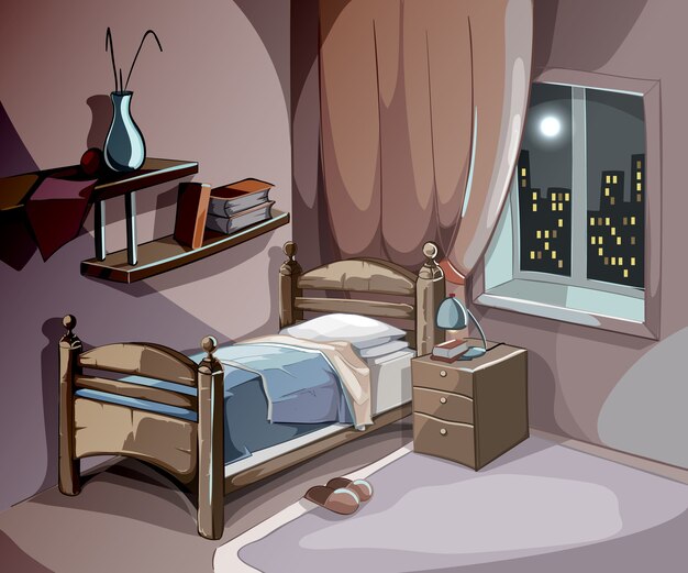 Intérieur de la chambre la nuit en style cartoon. Fond de concept de sommeil de vecteur. Chambre d'illustration avec mobilier de lit, confort pour dormir détente et rêve