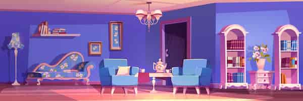 Vecteur gratuit l'intérieur de la chambre de la princesse bleue avec des meubles de château