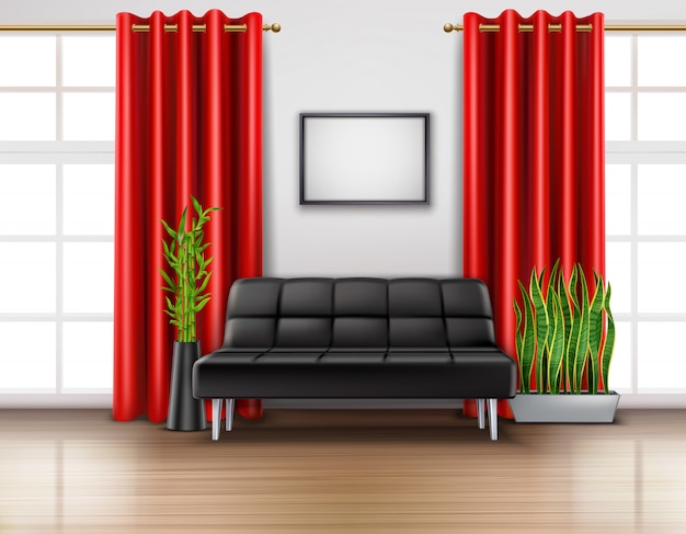 Vecteur gratuit intérieur de la chambre réaliste avec des rideaux rouges de luxe sur les portes-fenêtres en cuir noir canapé plancher lumineux