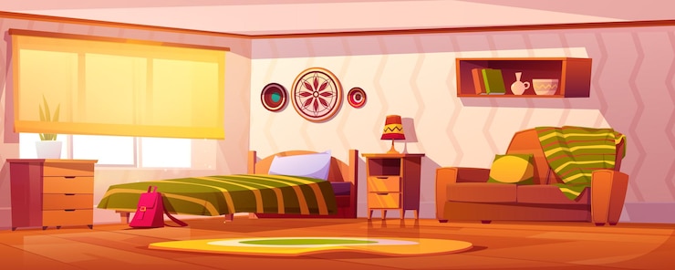 Vecteur gratuit intérieur de chambre vide et confortable pour fille avec lit et canapé recouverts de couvertures vertes, lampe sur table de chevet, commode et étagère avec livres, grande fenêtre avec volets roulants et moquette au sol