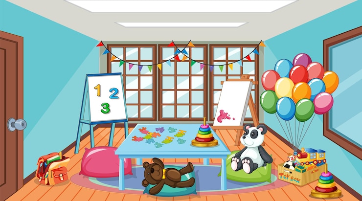 Vecteur gratuit intérieur de classe de maternelle vide avec de nombreux jouets pour enfants