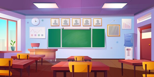 Intérieur de classe vide de dessin animé avec tables et chaises en bois de tableau noir