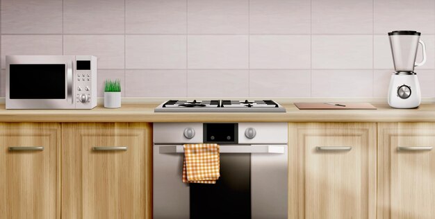Intérieur de cuisine avec cuisinière à gaz et micro-ondes
