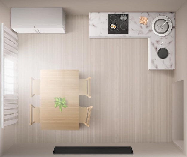 Intérieur de la cuisine avec cuisinière, table à manger et réfrigérateur en vue de dessus