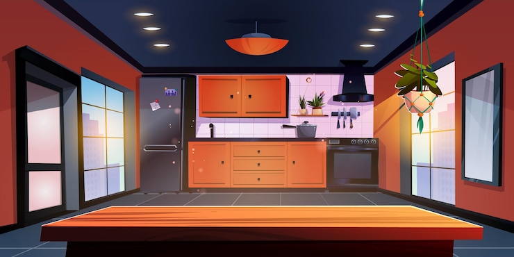 Vecteur gratuit intérieur de cuisine dans un appartement urbain moderne illustration vectorielle d'une salle à manger spacieuse avec des meubles orange et des appareils électroménagers noirs table en bois vue sur le paysage urbain du matin dans la fenêtre