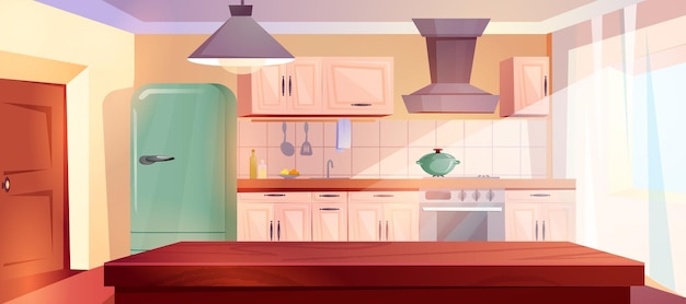 Vecteur gratuit intérieur de cuisine rétro de dessin animé avec table et meubles en bois