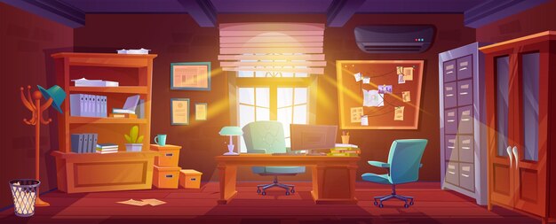 Intérieur désordonné du bureau d'un détective Illustration de dessin animé vectoriel de la pièce du poste de police papier éparpillé sur le sol ordinateur sur un bureau en bois bibliothèques avec dossiers de cas tableau de preuves lumière du soleil dans la fenêtre