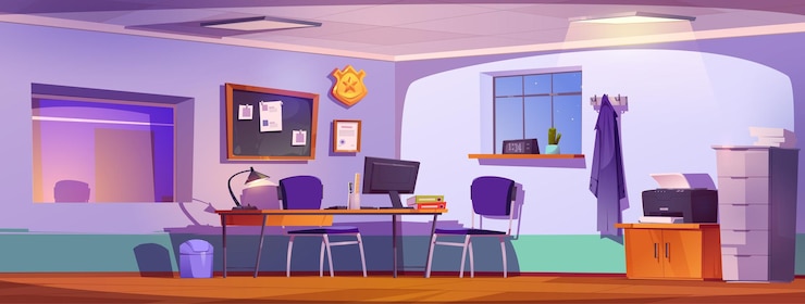 Vecteur gratuit intérieur du bureau du détective au cabinet de police de nuit