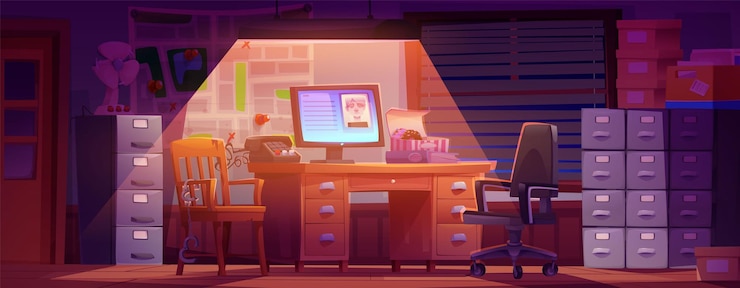 Vecteur gratuit l'intérieur du bureau du détective la nuit.