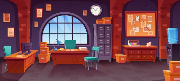 Vecteur gratuit intérieur du bureau du détective de police avec mobilier