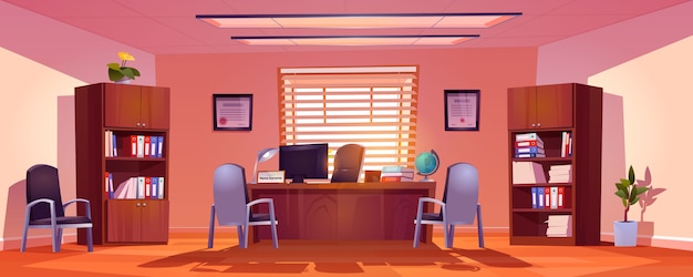 Vecteur gratuit intérieur du bureau principal de l'école, salle vide avec table de directeur, ordinateur, livres et globe sur le bureau, chaises pour visiteurs et bibliothèques avec dossiers, plantes en pot. illustration vectorielle de dessin animé