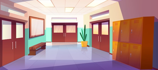Intérieur du couloir de l'école de dessin animé avec casiers portes de classe fermées et banc