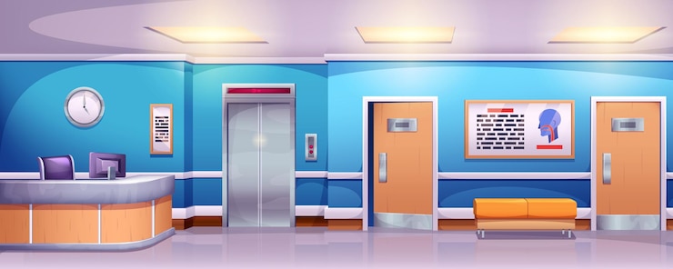 Vecteur gratuit intérieur du couloir de l'hôpital de dessin animé avec réception et ascenseur