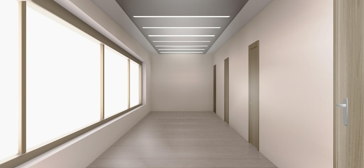 Vecteur gratuit intérieur du couloir de l'hôpital avec portes fermées