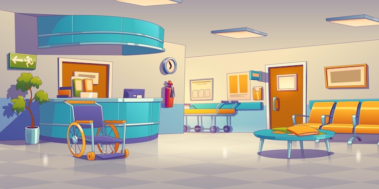 Vecteur gratuit intérieur du couloir de l'hôpital avec réception