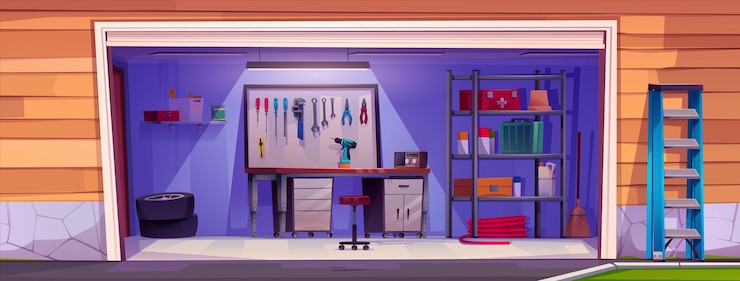 Vecteur gratuit intérieur du garage avec outils mécaniques illustration de dessin animé vectoriel de l'atelier à domicile équipement de réparation sur étagères clés sur le mur radio et tournevis sur le bureau tiroir en métal pour les instruments