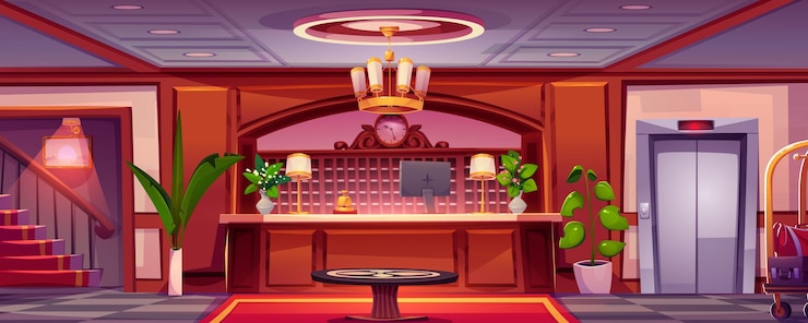 Vecteur gratuit l'intérieur du hall de l'hôtel avec ascenseur réception du bureau