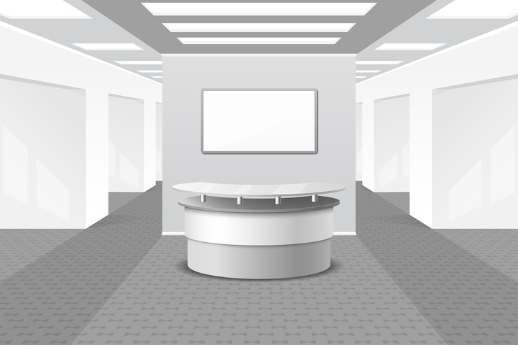 Vecteur gratuit intérieur du hall ou de la réception. bureau et mobilier, salle d'affaires, comptoir dans l'hôtel,