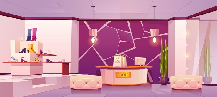 Vecteur gratuit intérieur du magasin de chaussures avec chaussures pour femmes sur rack
