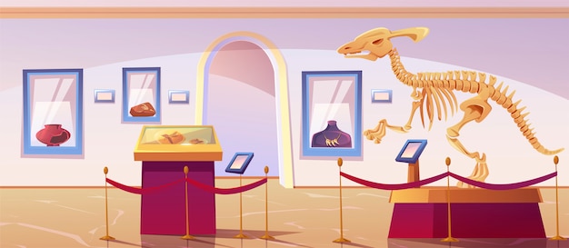 Vecteur gratuit intérieur du musée historique avec squelette de dinosaure