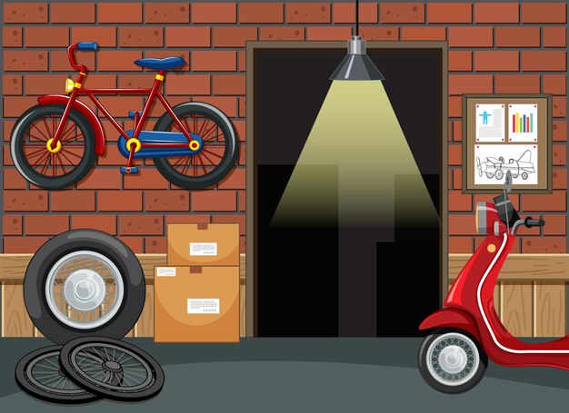 Intérieur de garage avec moto et vélo