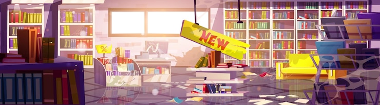 Vecteur gratuit l'intérieur d'une librairie en faillite abandonnée