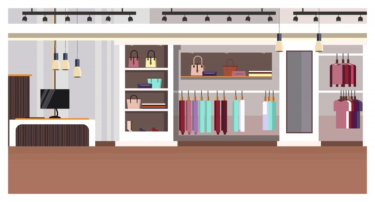 Vecteur gratuit intérieur de magasin de vêtements femme avec caisse, sacs