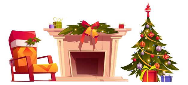 Intérieur de maison avec décoration de Noël. Arbre de Noël avec boules et guirlandes, coffrets cadeaux, chaise en chapeau de père Noël rouge et cheminée. Jeu de dessin animé de vecteur de décor de nouvel an pour le salon