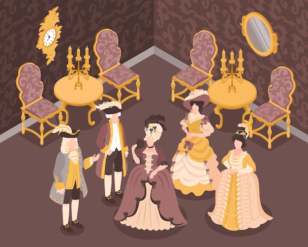 Vecteur gratuit intérieur de mode rococo avec dames et cavaliers en perruques et chapeaux avec plumes illustration vectorielle de fond isométrique