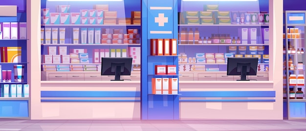 Vecteur gratuit intérieur de pharmacie avec écrans d'ordinateur sur comptoir en verre divers médicaments dans des boîtes pots tubes sur étagères et racks vecteur de dessin animé de pharmacie vide à l'intérieur avec produit médical et pilules