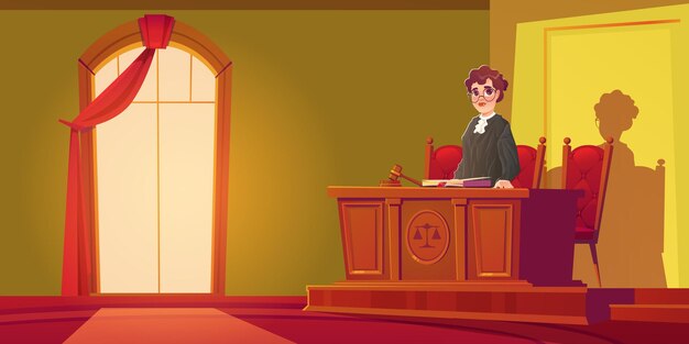 Intérieur de la salle d'audience avec une femme juge debout